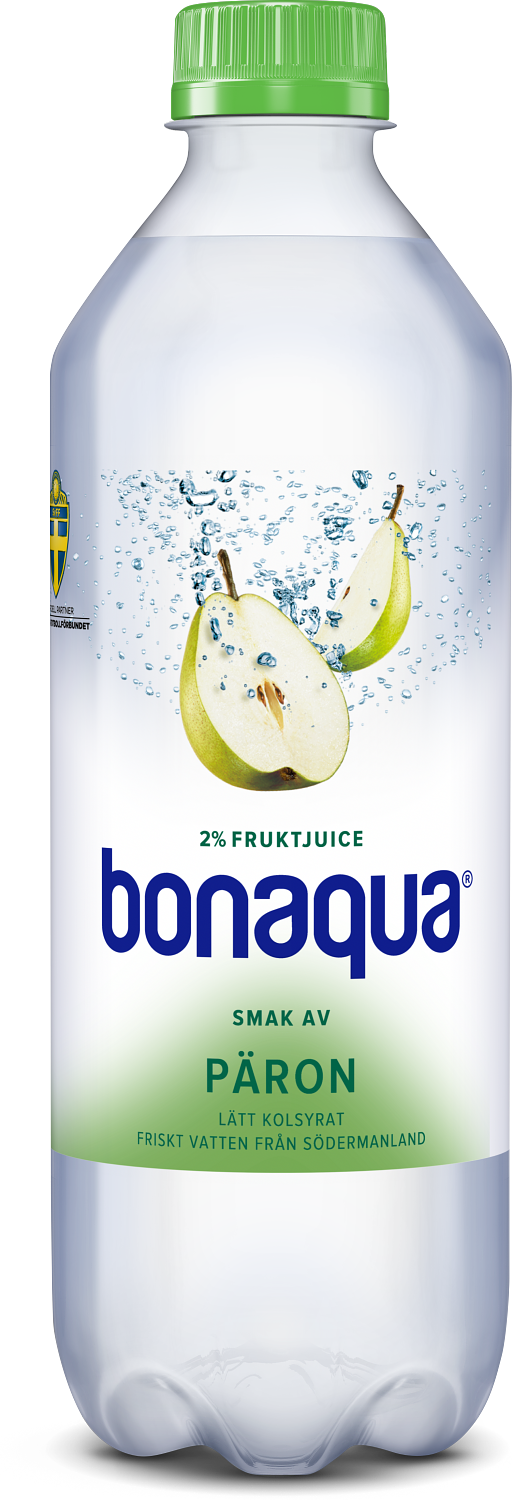 En flaska med Bonaqua Päron -  En kolsyrad dryck gjord med vatten från Södermanland och fruktjuice. 
