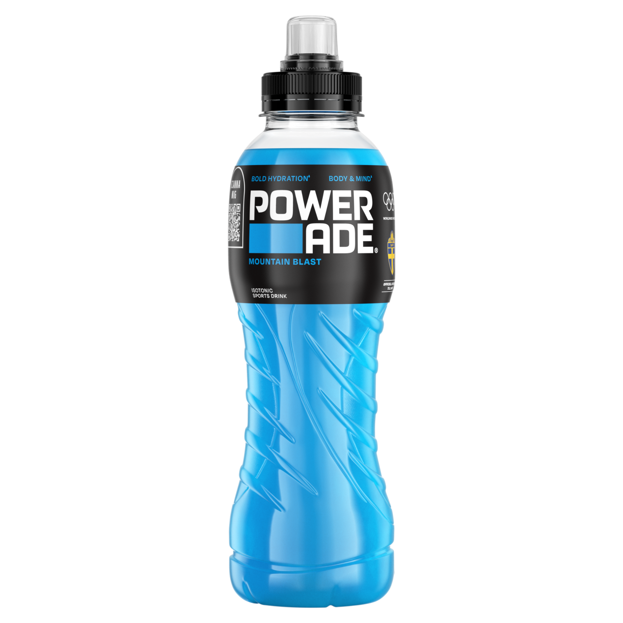 En flaska med den blå sportdrycken Powerade Mountain Blast
