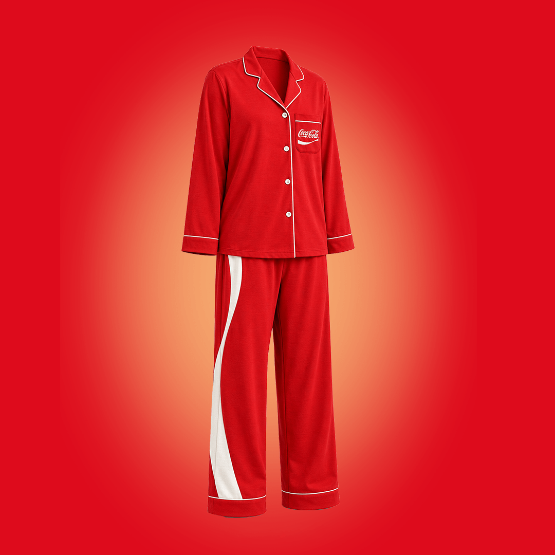 Rött pyjamasset från Coca-Cola med vita detaljer och logotyp på bröstfickan. Setet består av en långärmad skjorta med knappar och matchande byxor med vit rand längs sidan, placerat mot en röd tonad bakgrund.