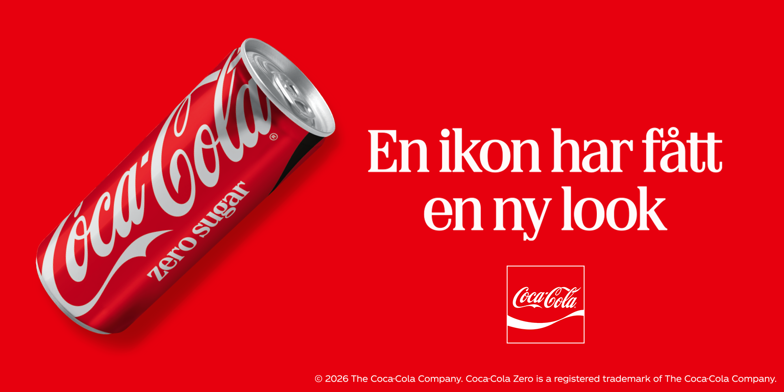 Texten "en ikon har fått en ny look" mot röd bakgrund med en Coca-Cola-burk till vänster