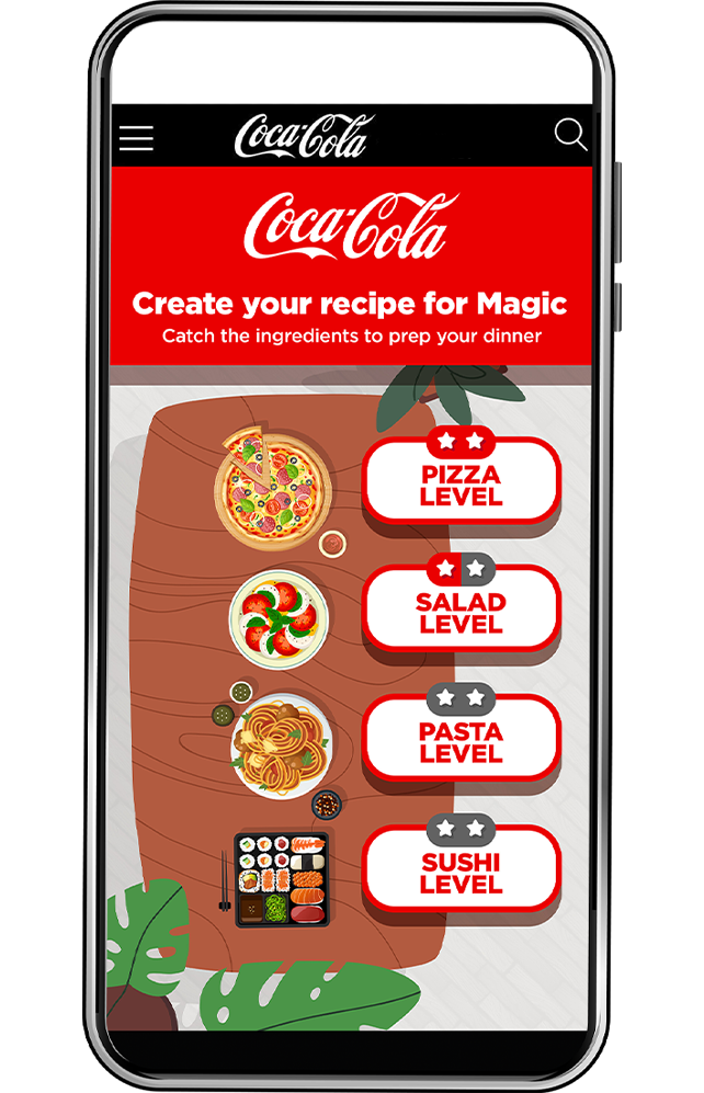 Smartphone illustrerar Magic Meal-spelet från Coca Cola-appen