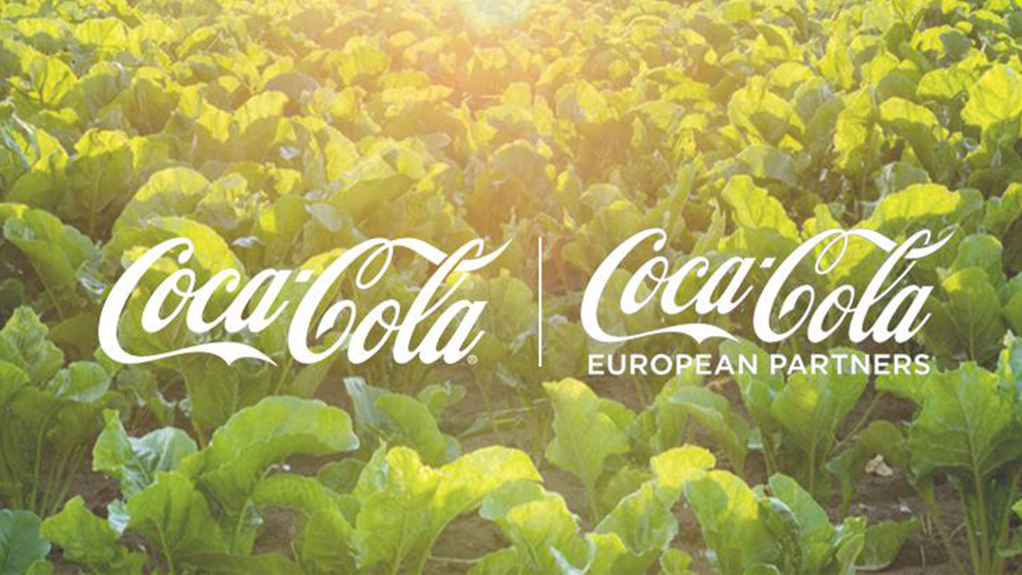 Coca-Colas vita logotyp med en bakgrund av gröna salladsblad