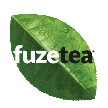 Fuze Tea logo on a plant leaf on a black background