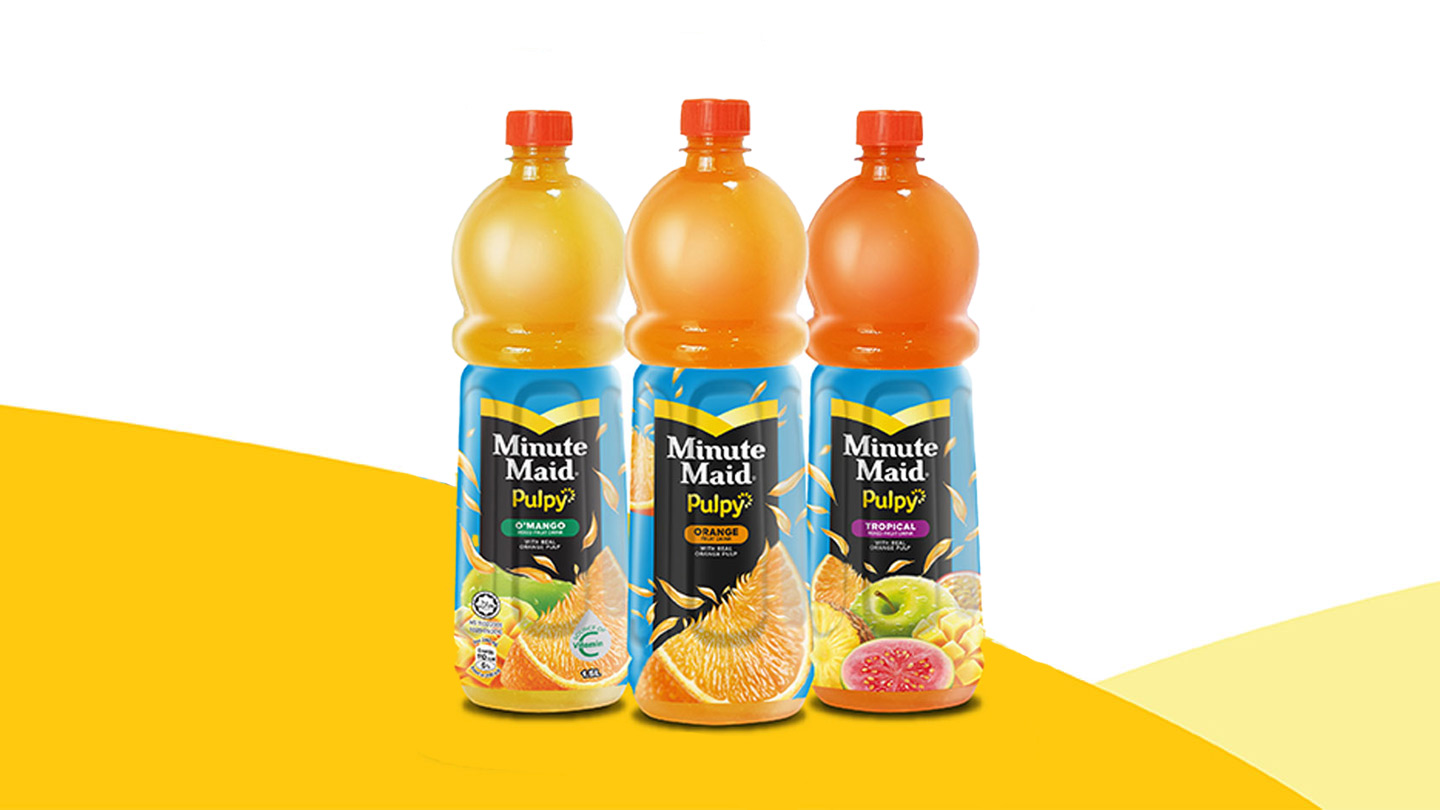 Minute Maid varieties bottles on a white background with yellow graphic elements