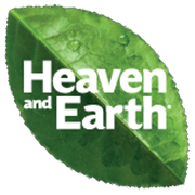Heaven and Earth logo on a plant leaf on a black background