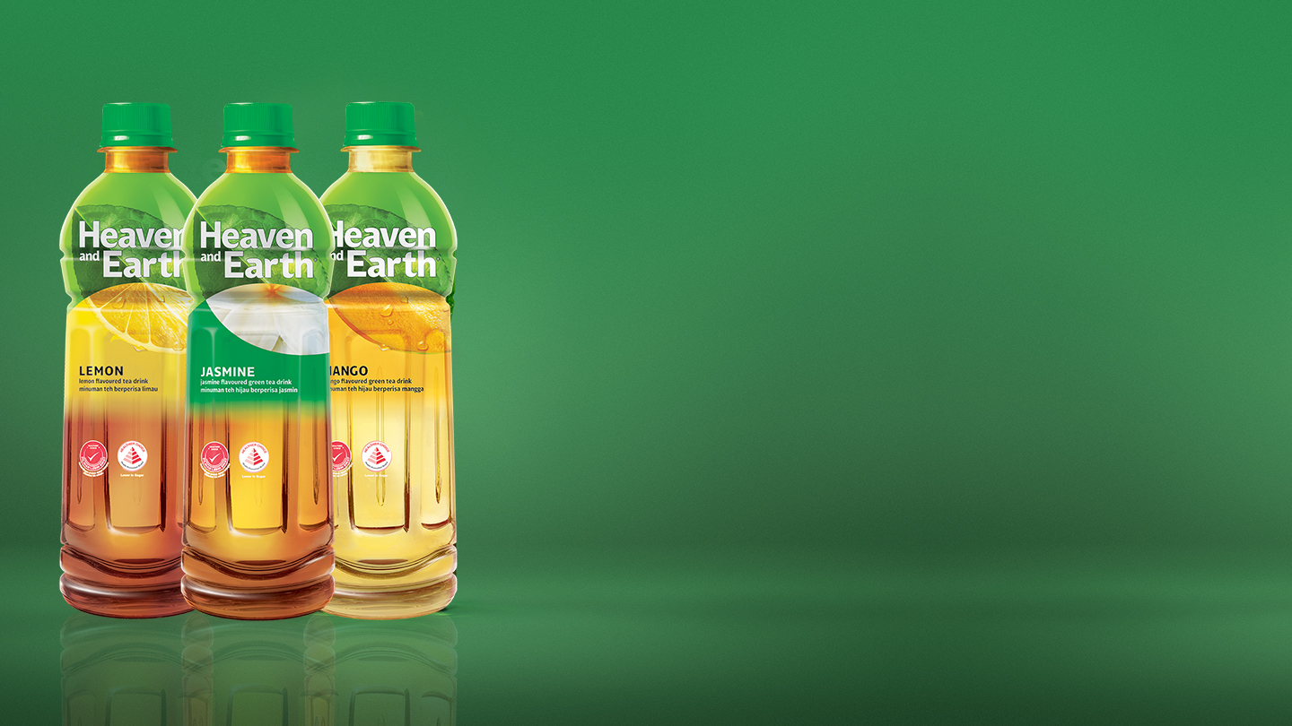 Heaven and Earth bottles on a green background