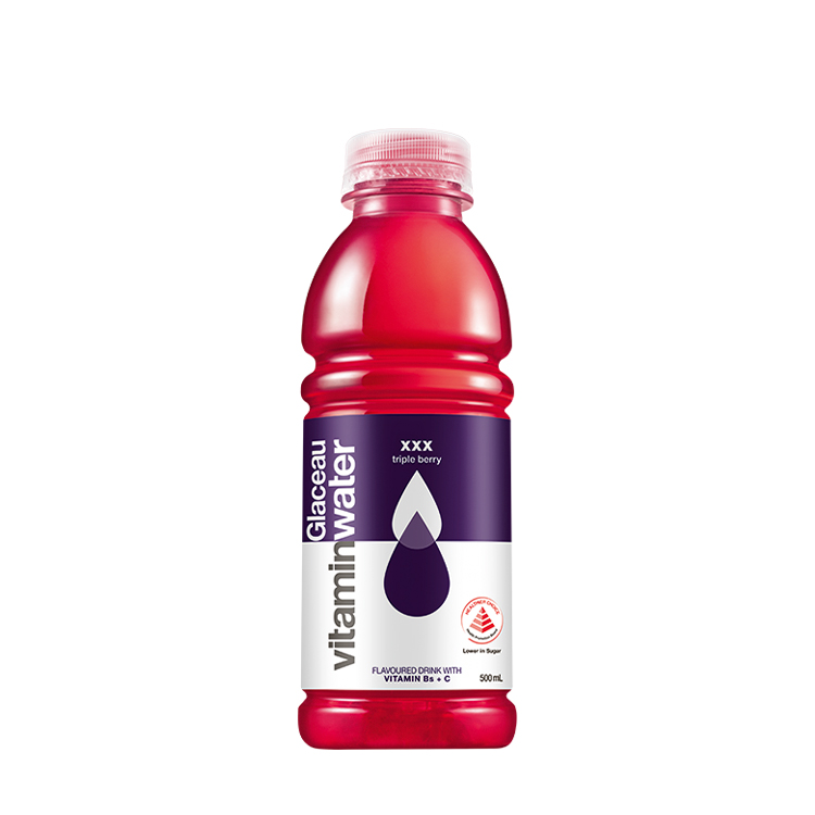 A bottle of Glaceau Vitaminwater Triple Berry flavor