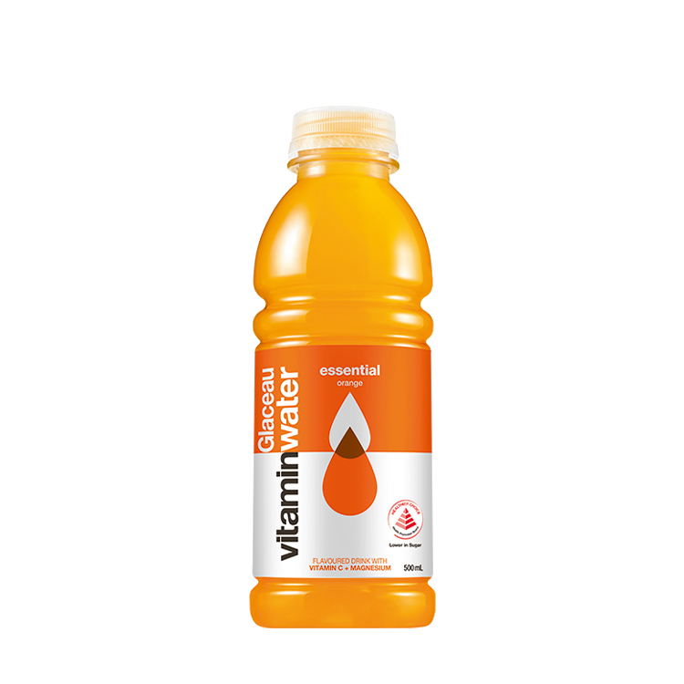 A bottle of orange flavored Glaceau Vitaminwater