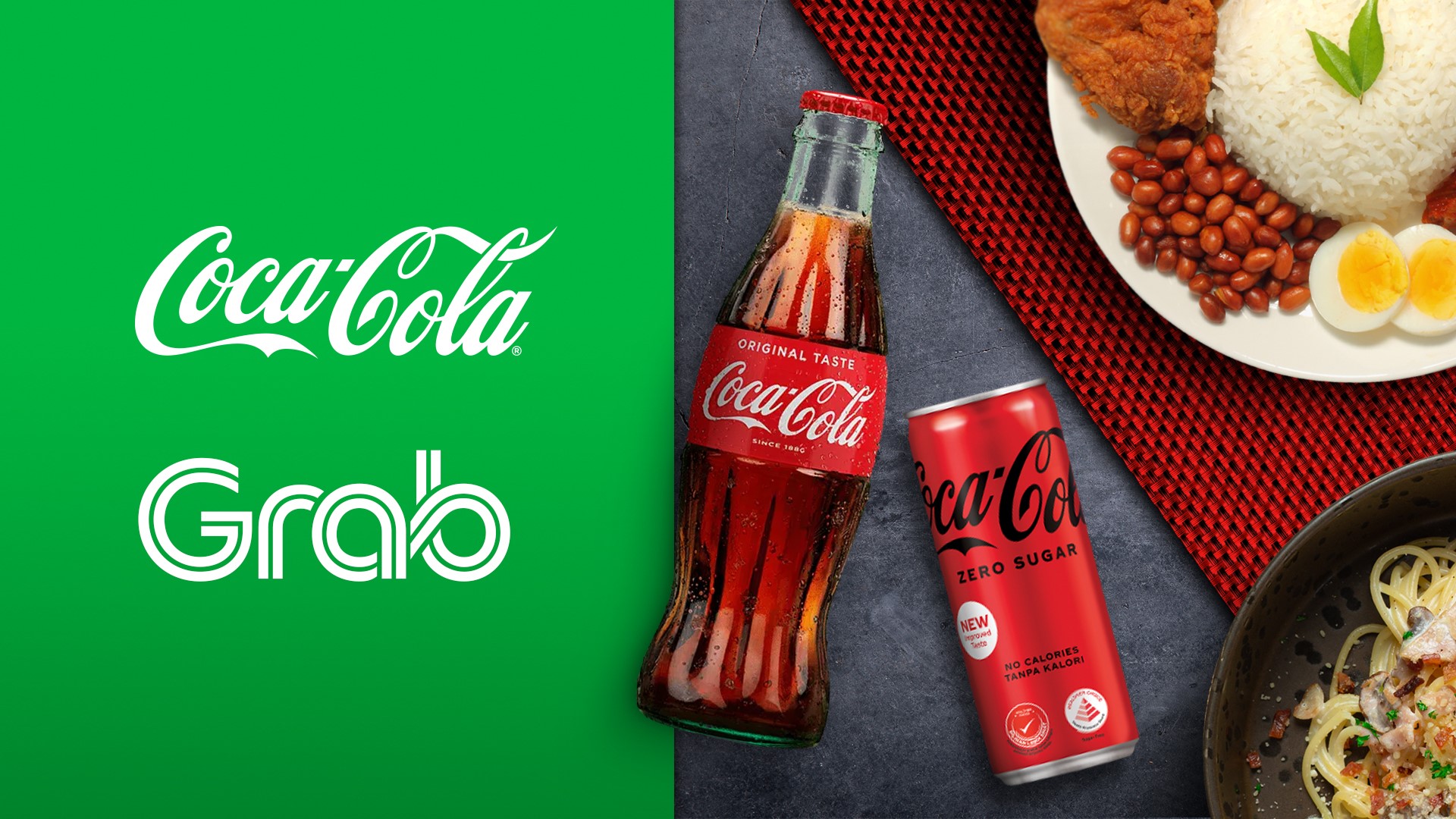 Two plates of food with a bottle and a can of Coca-Cola next to a green background with the logo for Grab and Coca-Cola.
