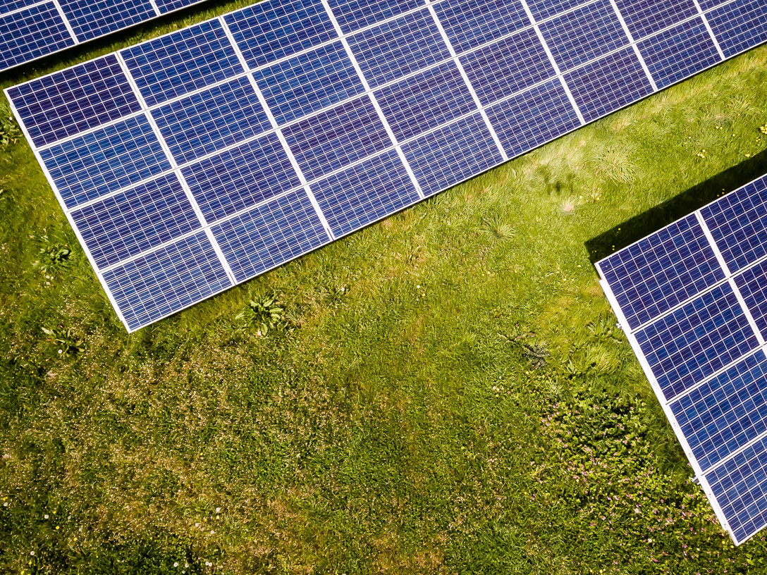 Top view of solar cell panels on a green field