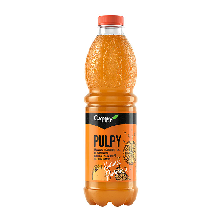 Posamezna plastenka vsebuje pijačo Cappy Pulpy pomaranča.