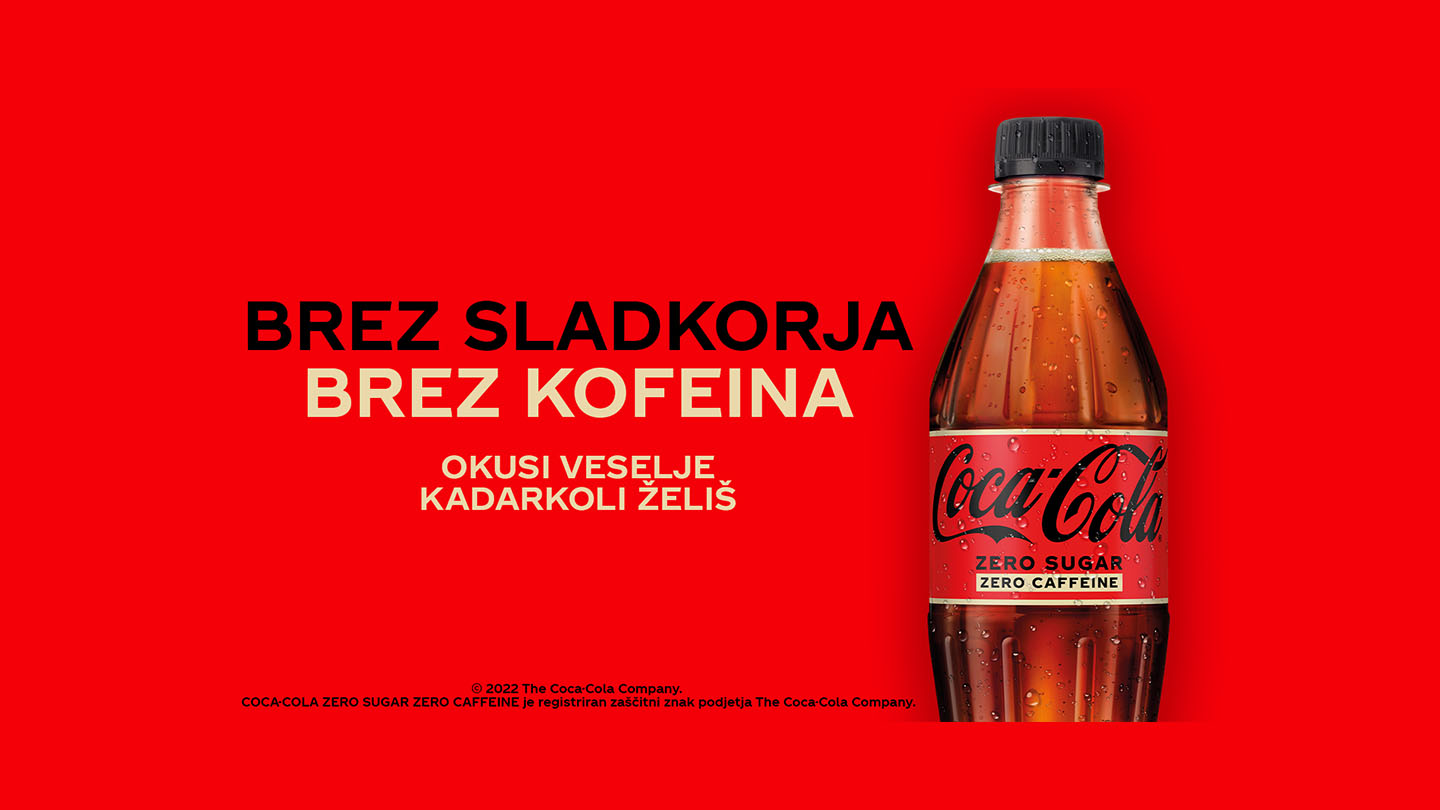 Steklenička, ki vsebuje Coca-Colo brez sladkorja in nič kofeina.
