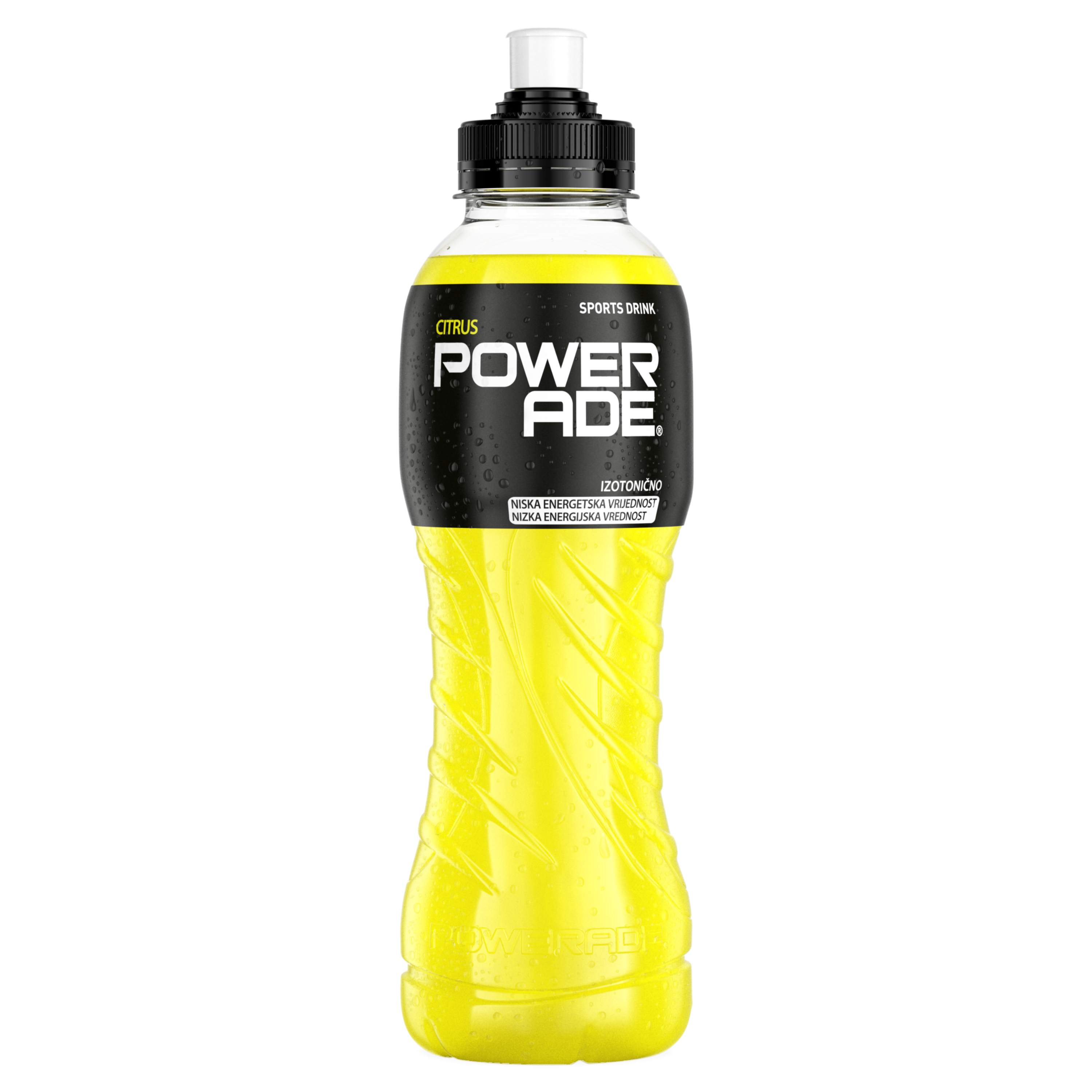 Posamezna plastenka vsebuje pijačo Powerade Citrus.