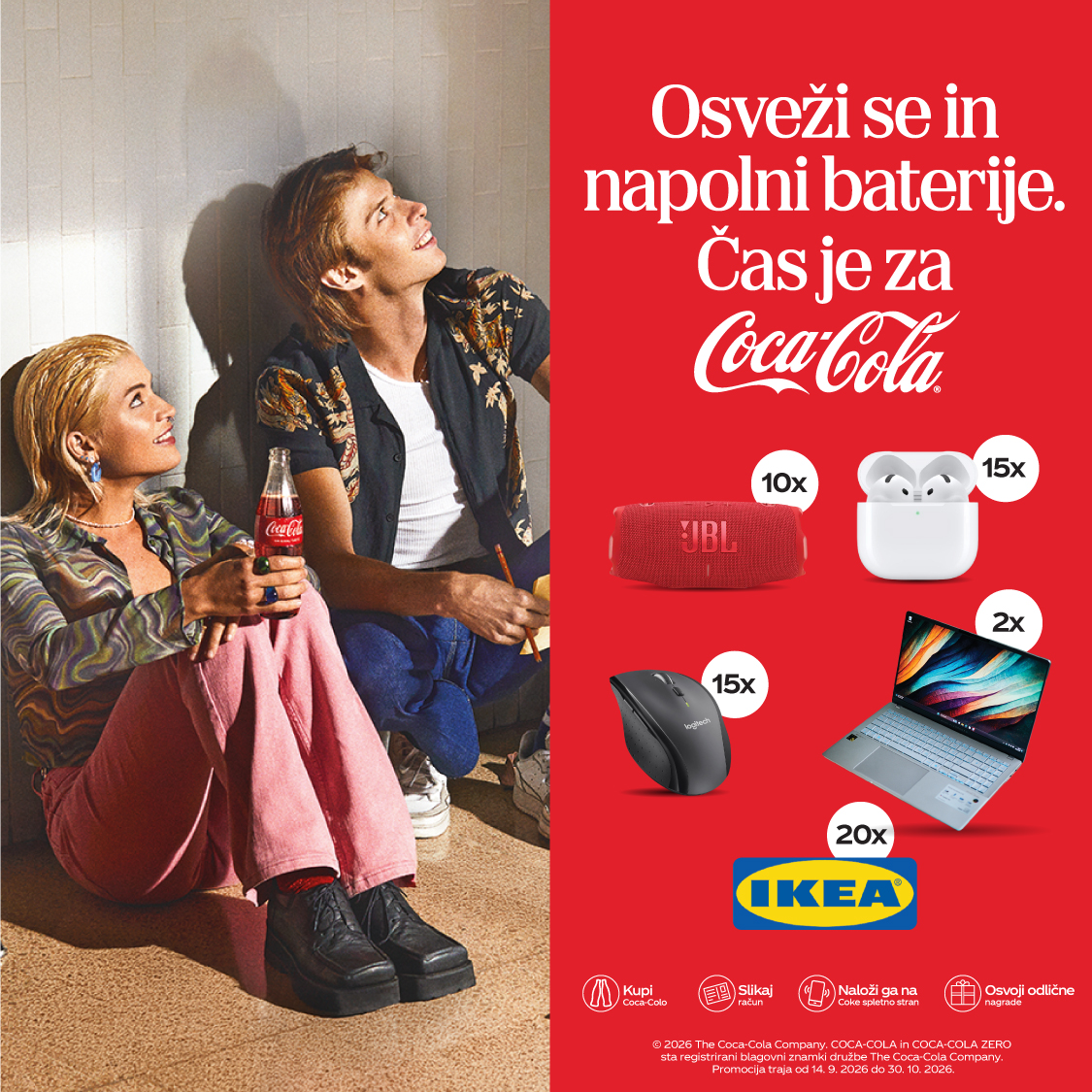 Nagrade na crvenoj pozadini prikazuju prenosni računalnik, Apple AirPods, Logitech breyžična miška, JBL prenosni zvočnik, IKEA darilni bon