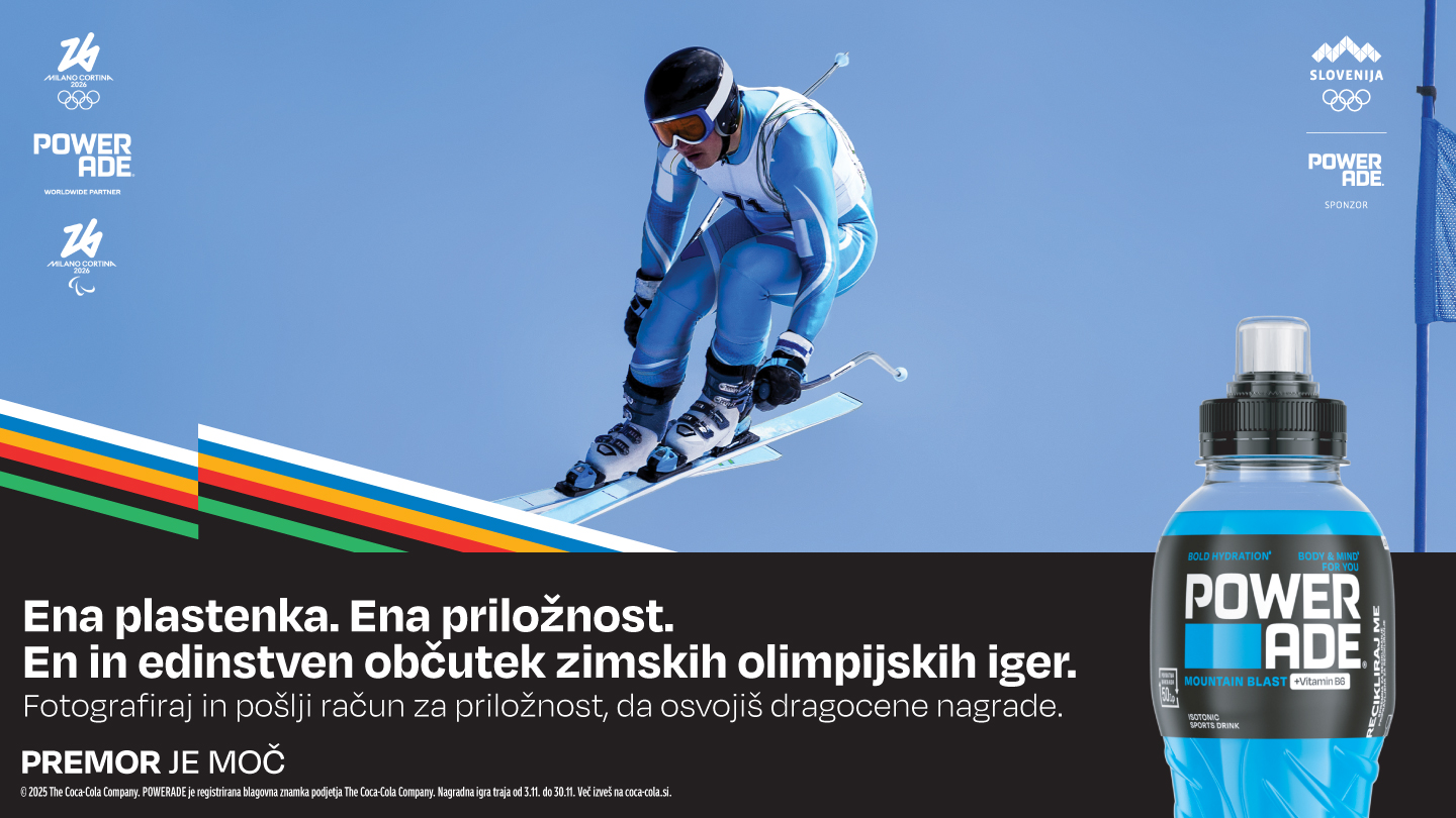 Reklamni banner sa skijašem uz Powerade bočicu u donjem lijevom kutu