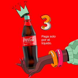 Botella retornable de Coca-Cola con el número 3 y el texto "Paga solo por el líquido".
