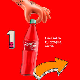 Botella retornable de Coca-Cola con el número 1 y el texto "Devuelve tu botella vacía".