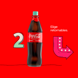 Botella retornable de Coca-Cola con el número 2 y el texto "Elige tu bebida favorita".
