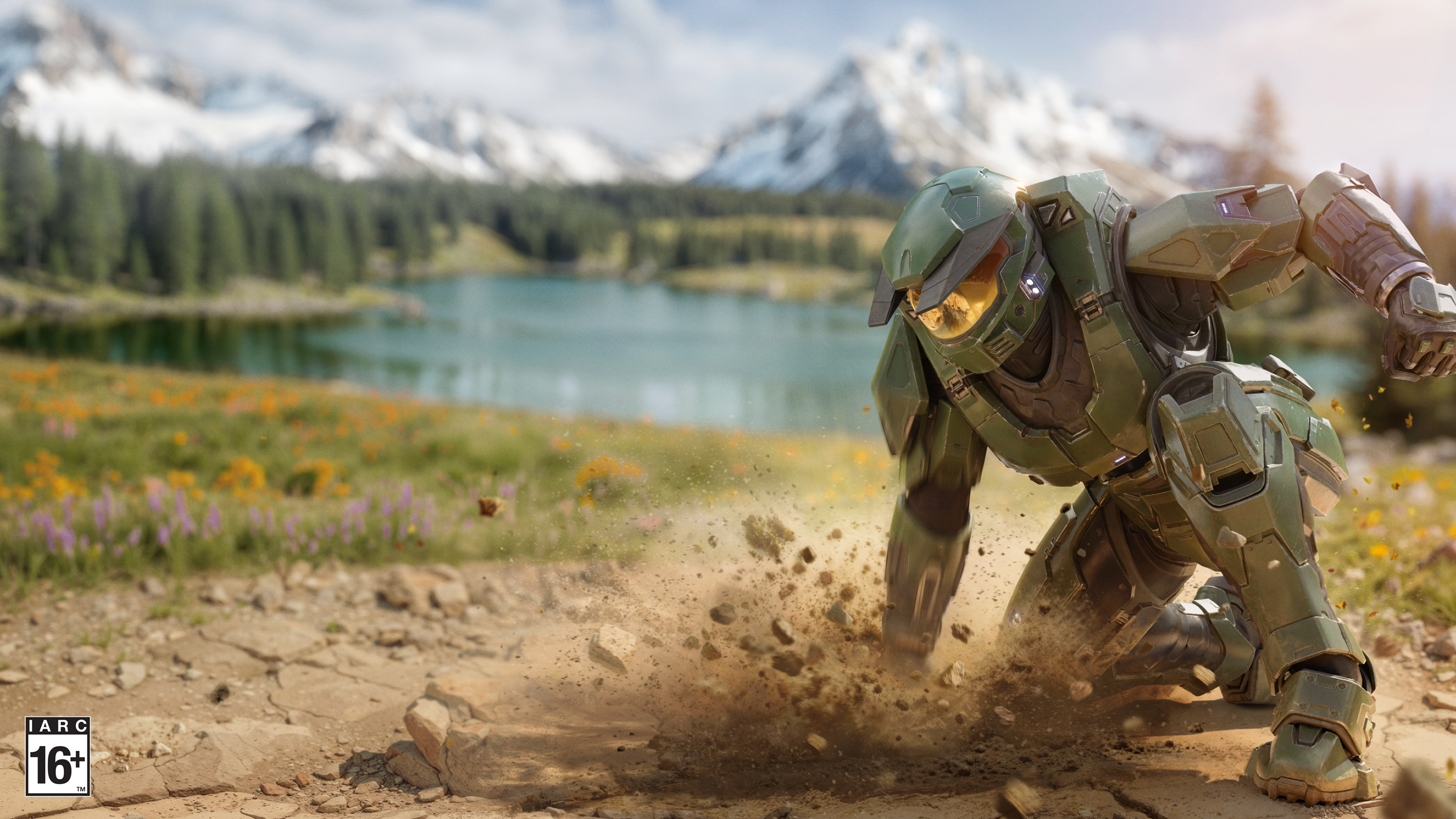 An armored soldier lands with a crash in front of a lake and mountain landscape.