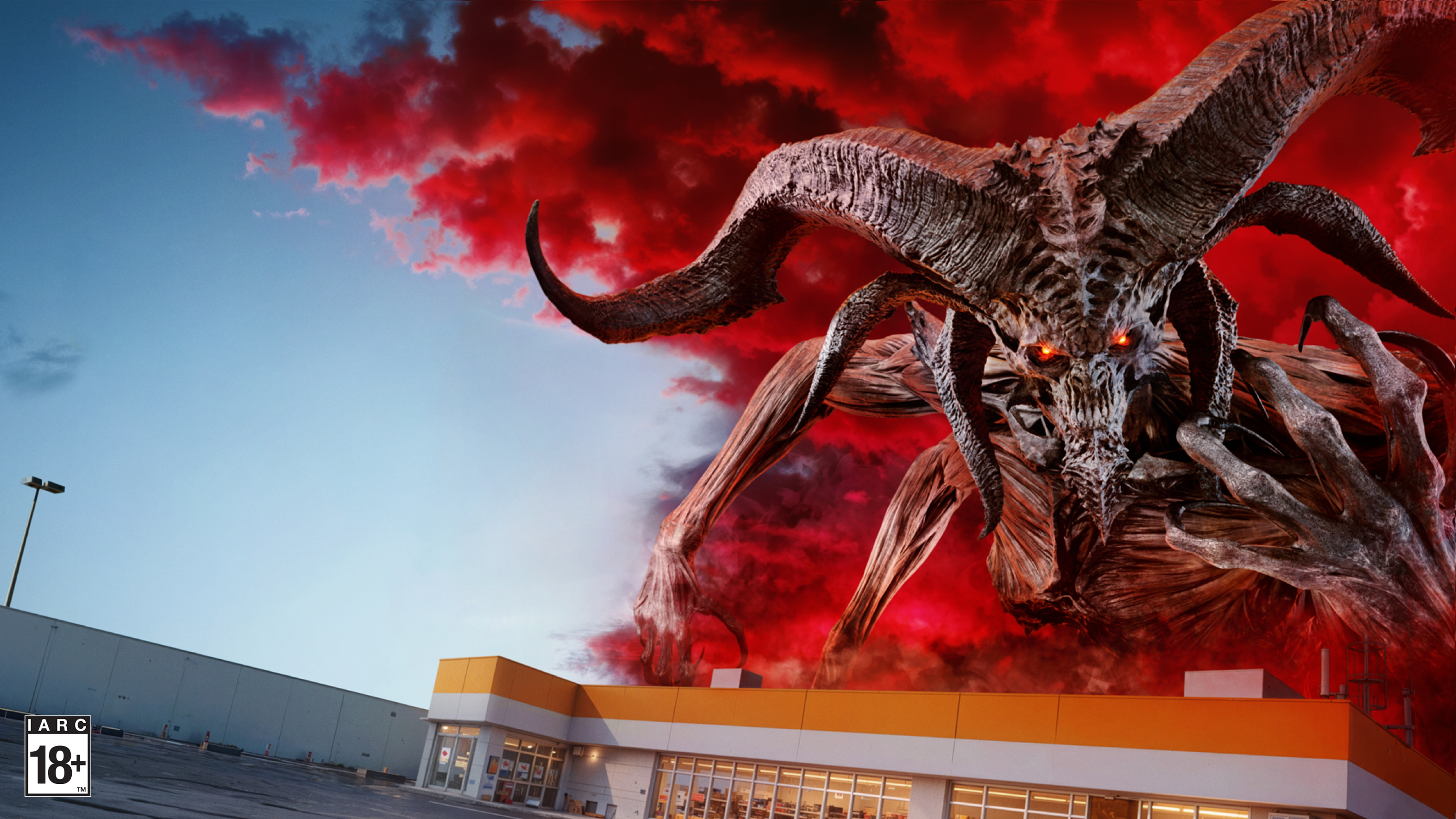 The Diablo IV character Mephisto appears above a convenience store and the knight Paladin stands in armor ready to fight him. 