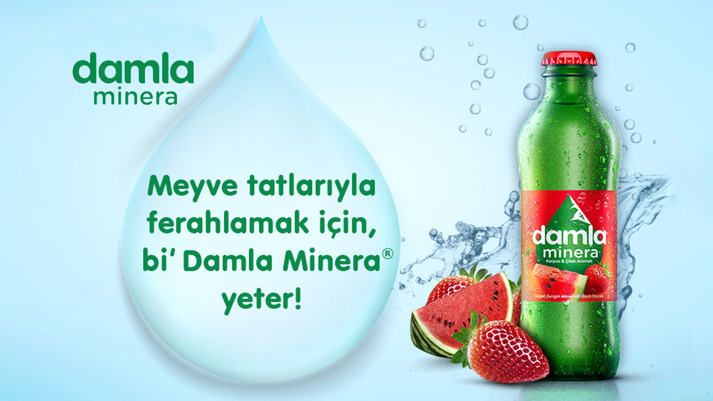 Damal Minera çilek ve karpuz aromalı içecek afişi