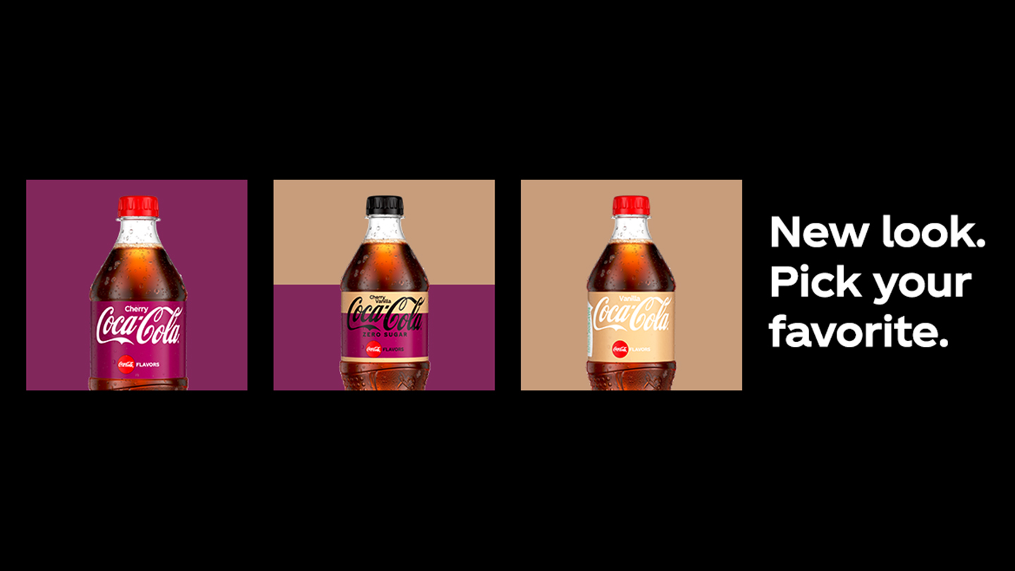 Three bottles of Coca-Cola lined up on duotone background