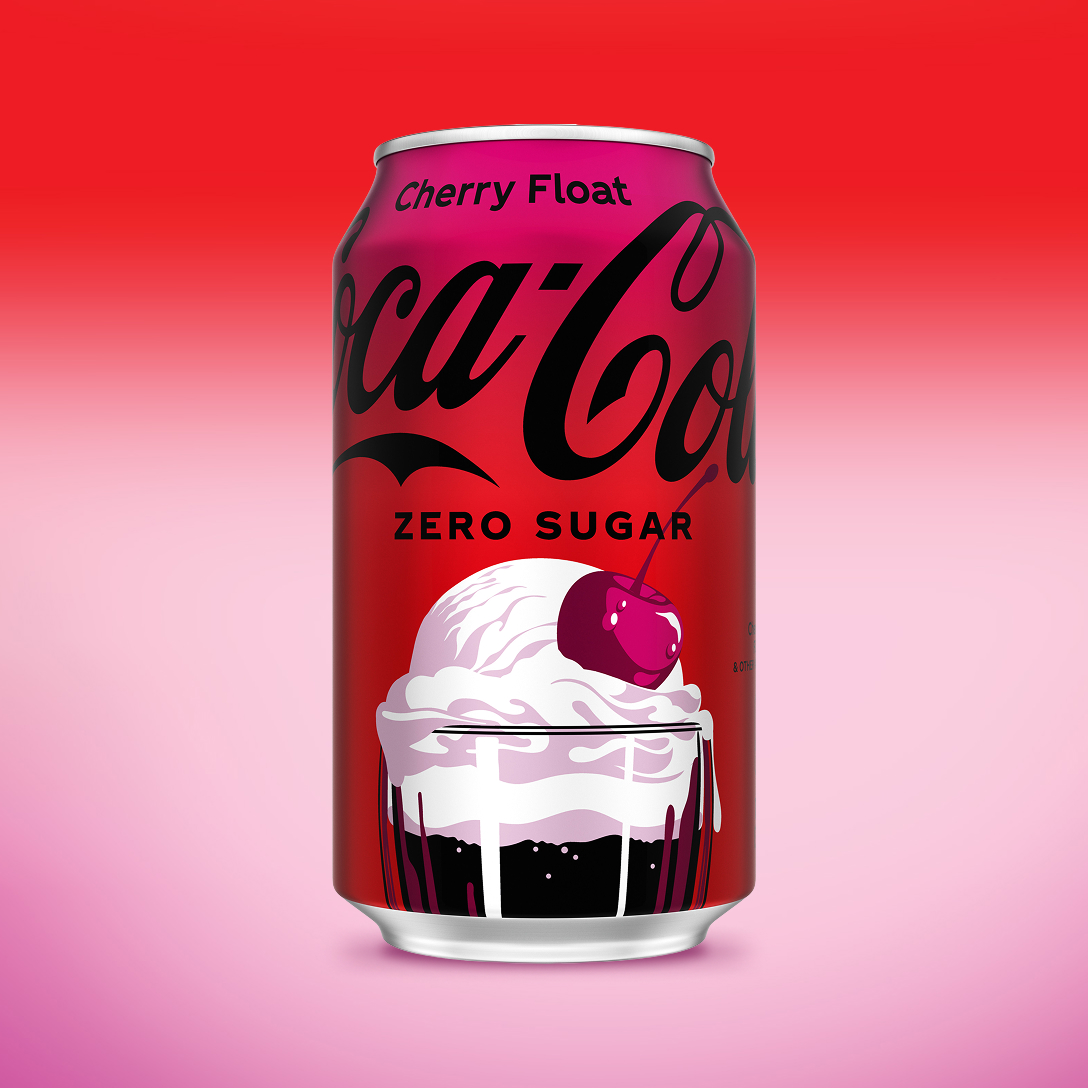 Can of Coca-Cola Cherry Float Zero Sugar with a cherry-topped float graphic, on a red-to-pink gradient background.