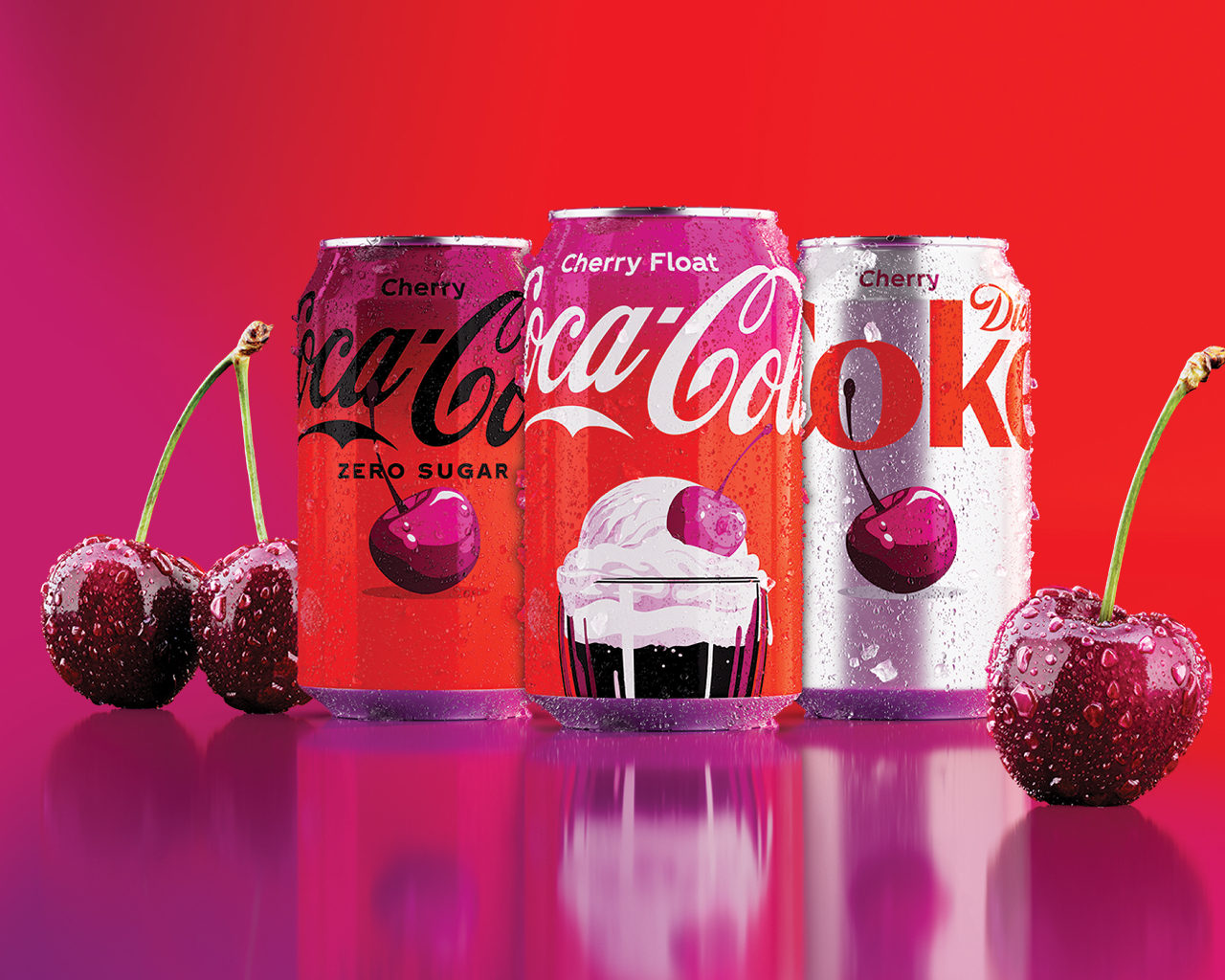 Three cherry-flavored Coca-Cola cans, including Cherry Zero Sugar, Cherry Float, and Diet Coke Cherry, surrounded by fresh cherries on a red background.