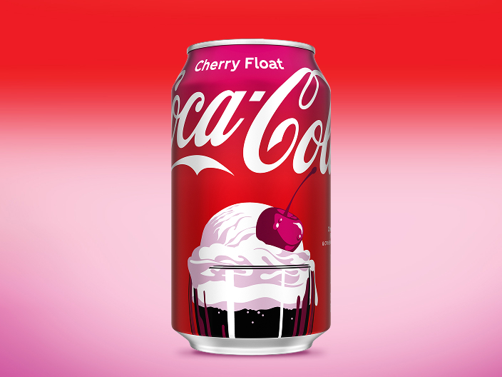 coca-cola cherry float can on red-pink gradient background