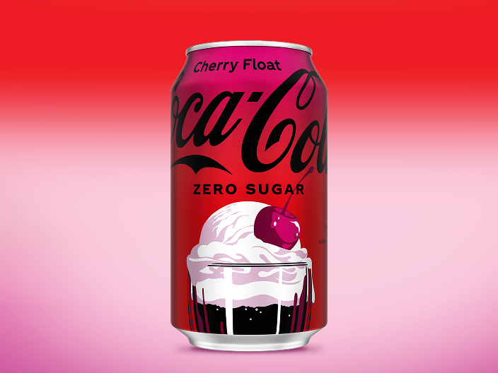 coca-cola cherry float zero sugar can on red-pink gradient background