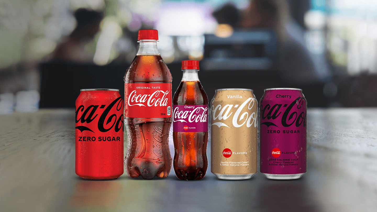 Different Coca-Cola products lined up in a table