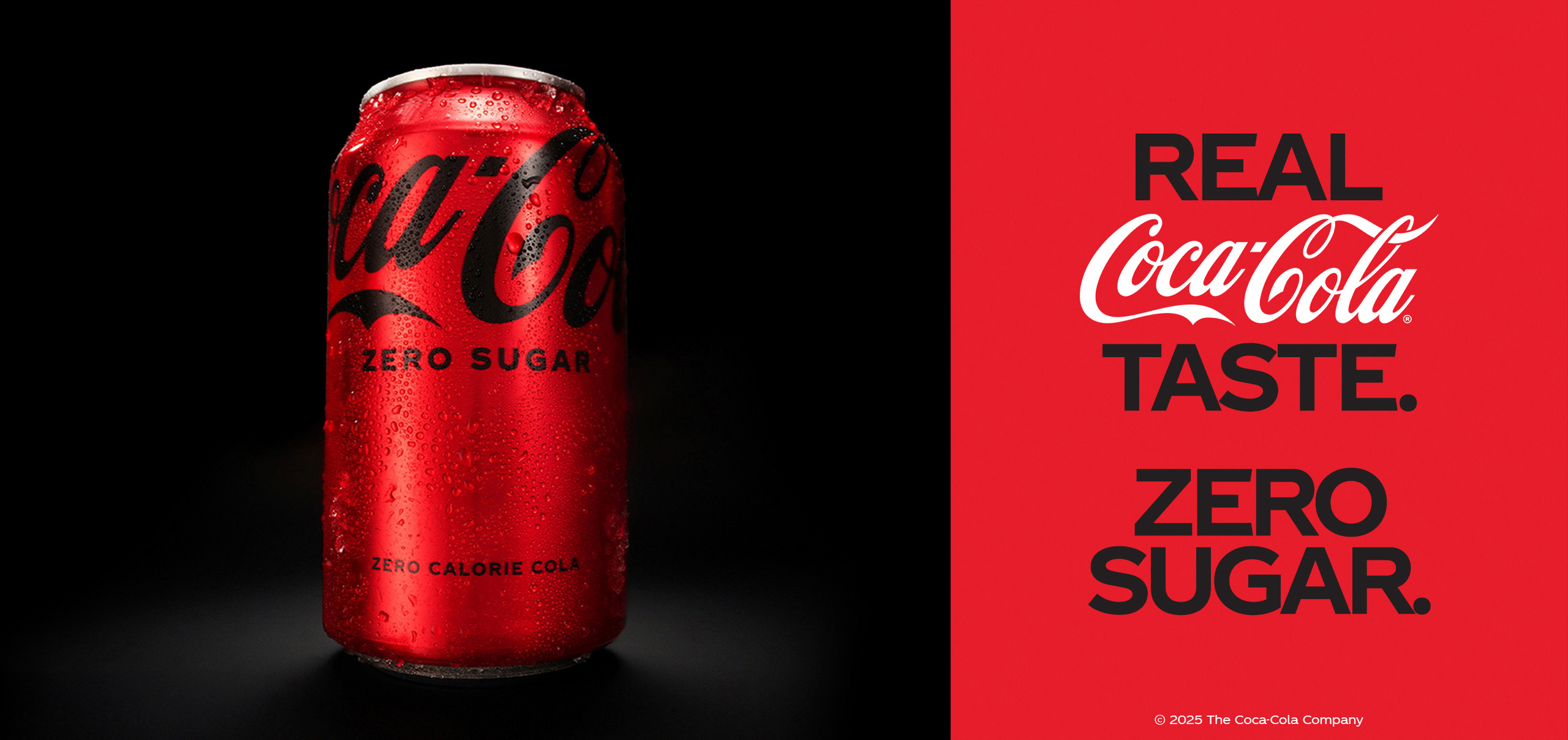 Detail of a Coca-Cola Zero Sugar can on black background with the phrase "Best Coke Ever? #TakeATaste"