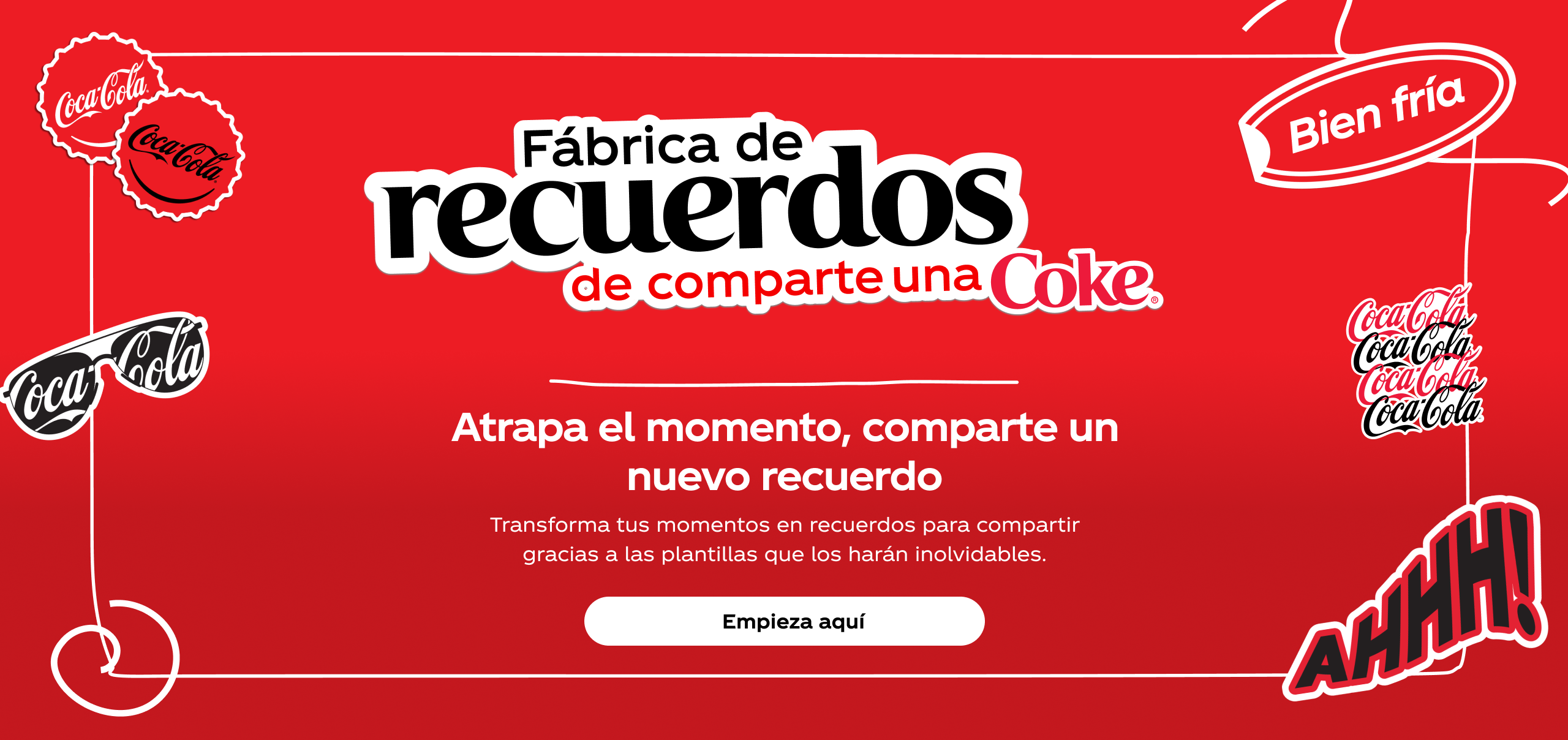 Share a Coke Memory Maker logo on a bright red background with floating stickers. Text says, “Snap a moment, share a new memory,” with a CTA to get started turning your moments into memories.