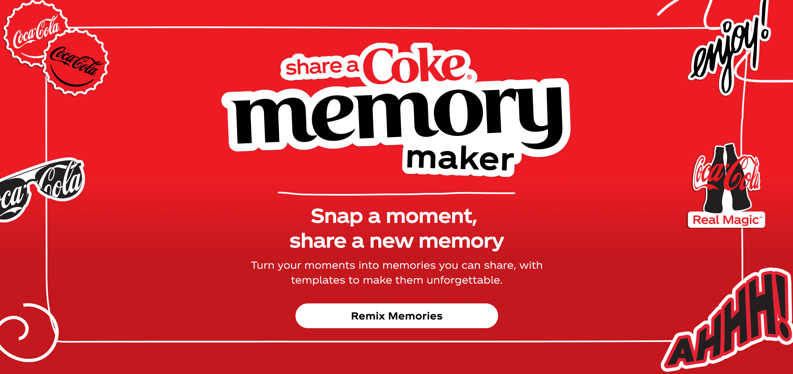 Share a Coke Memory Maker logo on a bright red background with floating stickers. Text says, “Snap a moment, share a new memory,” with a CTA to get started turning your moments into memories.