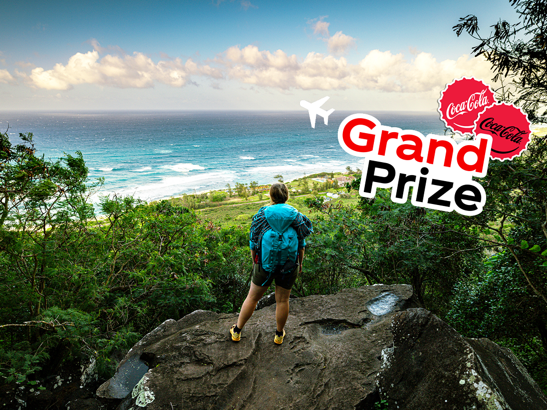 A hiker in a tropical rainforest stands on a cliff looking at the ocean. A colorful sticker with an airplane says, “Grand Prize.”