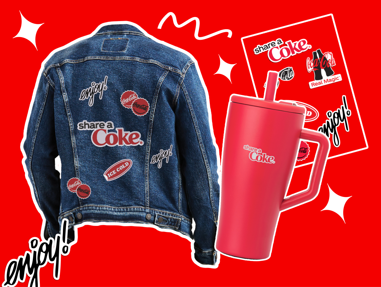 Share a Coke merch and prizes against a bright red background, including a Share a Coke jean jacket, a Coca-Cola branded tumbler cup, and a sheet of Share a Coke stickers.