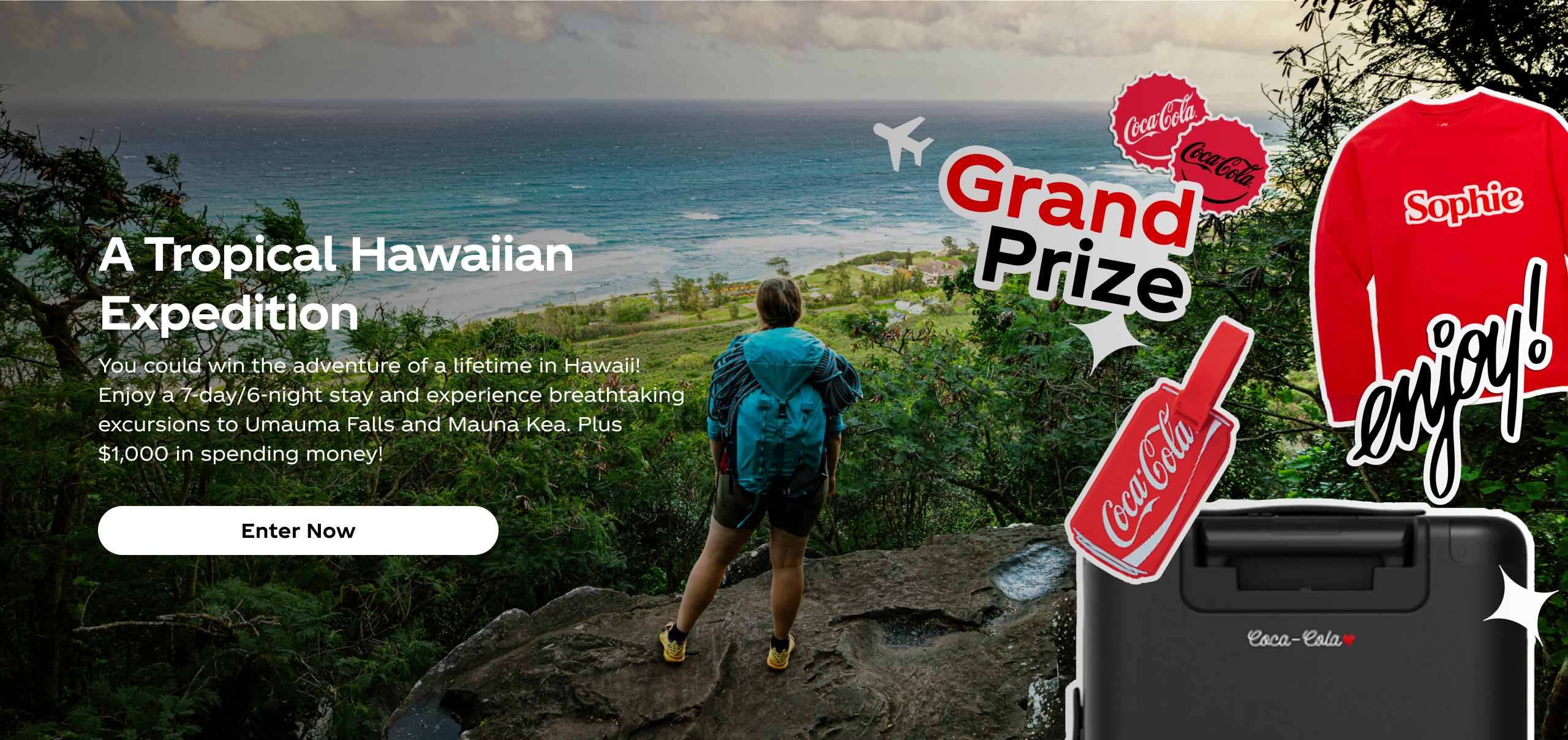 Share a Coke Memory Maker logo on a red background with floating stickers that say Ice Cold, Enjoy and Real Magic. Text says, “Make Your Memories More Memorable” with a CTA to remix memories and win prizes.