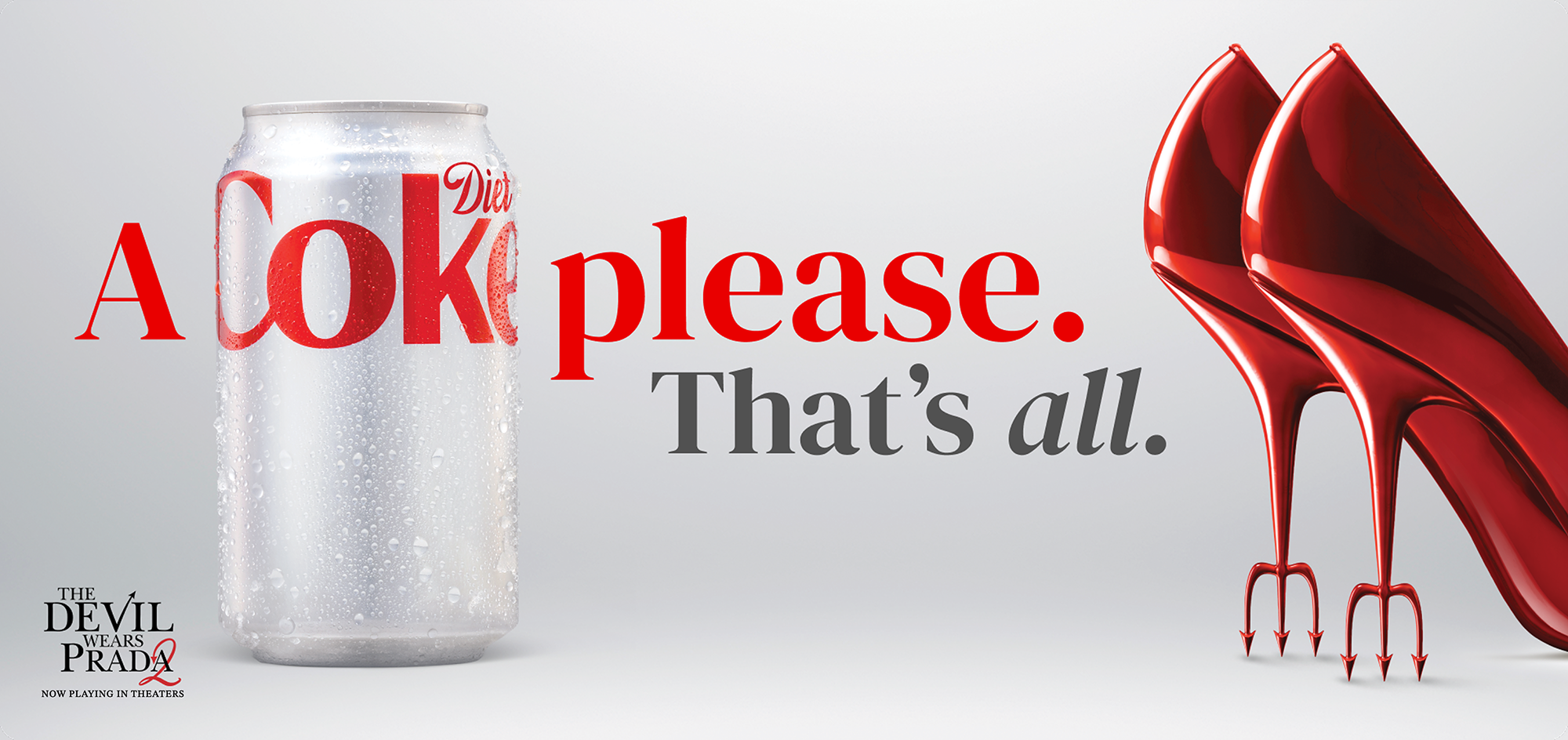 Diet Coke and The Devil Wears Prada banner with chilled Diet Coke can and glossy red high heels on light background