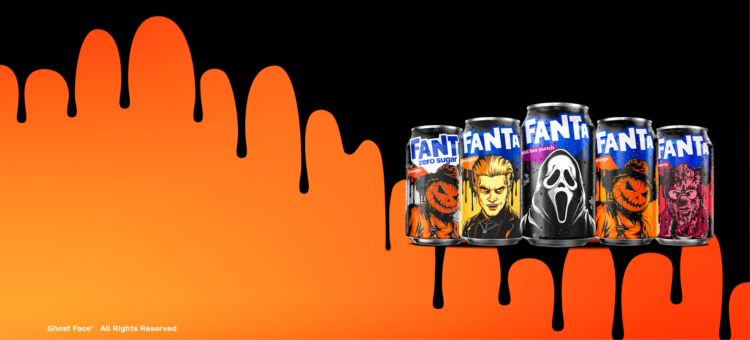 Mobile banner showing five limited-edition Fanta Halloween cans featuring spooky characters like Ghost Face over orange slime.