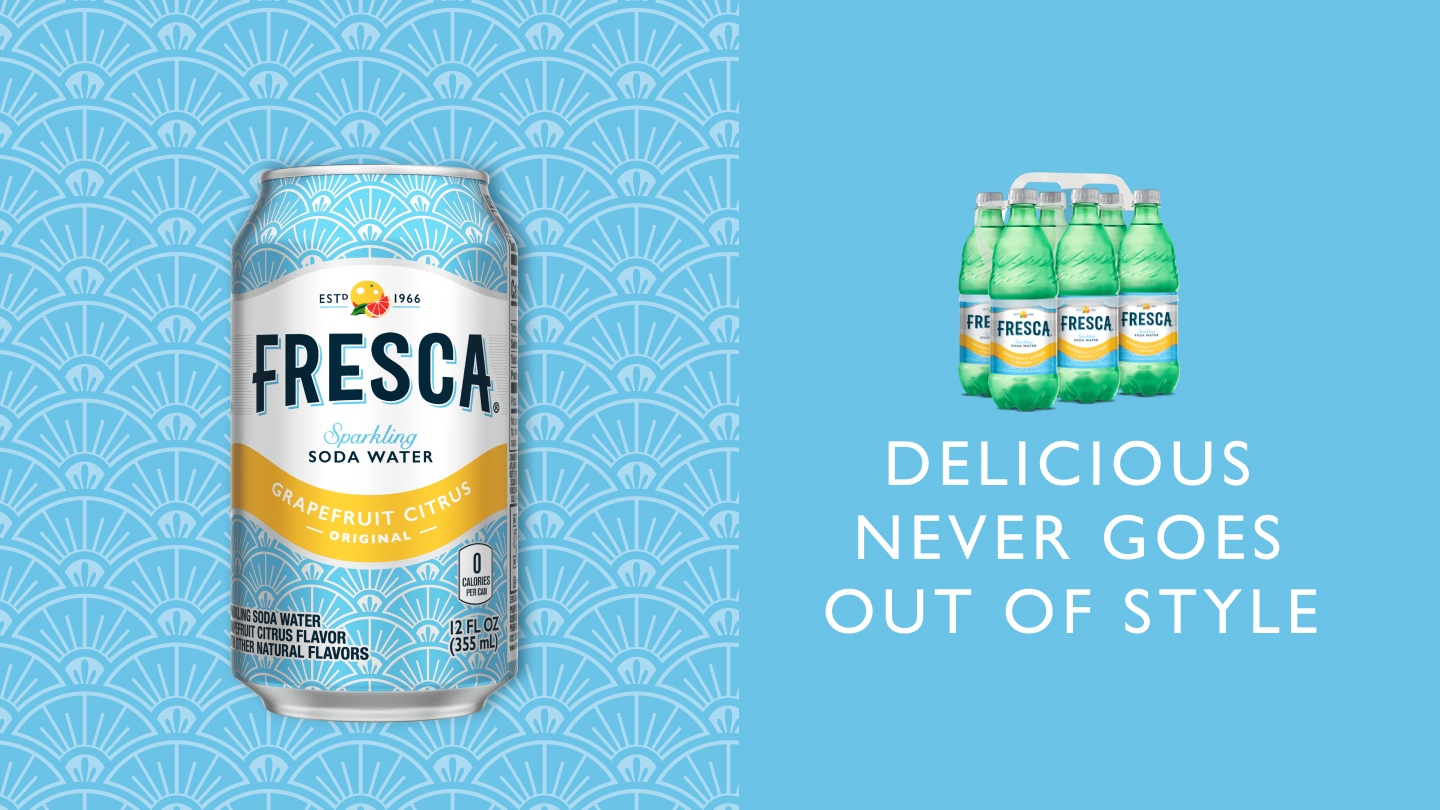 Closeup of Fresca Grapefruit Citrus can on a blue background with the phrase "Delicious never goes out of style"