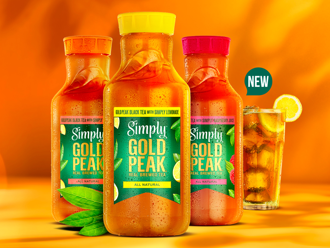 Three bottles of new Simply Gold Peak beverages with a filled, chilled glass