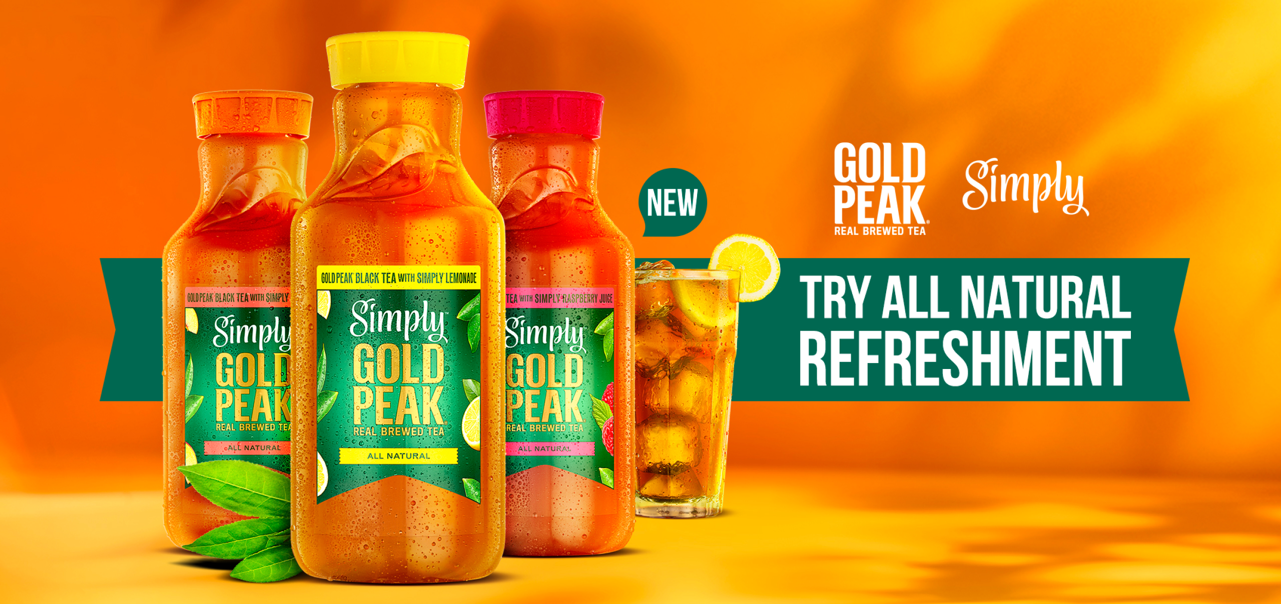 Three bottles of new Simply Gold Peak beverages with a filled, chilled glass
