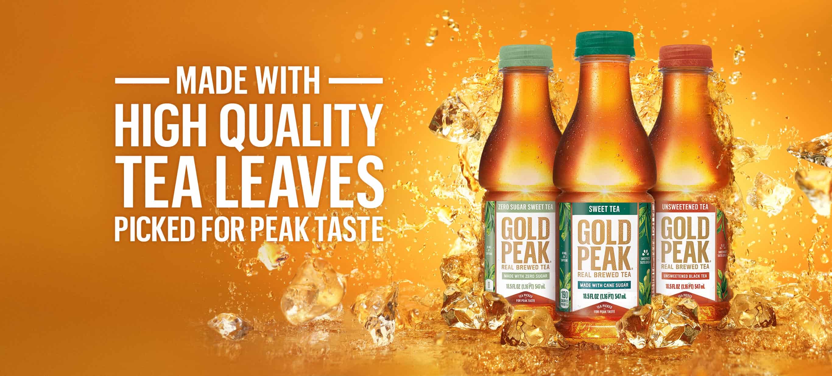 Three Gold Peak bottles in different flavors next to the slogan "Good taste is our thing"