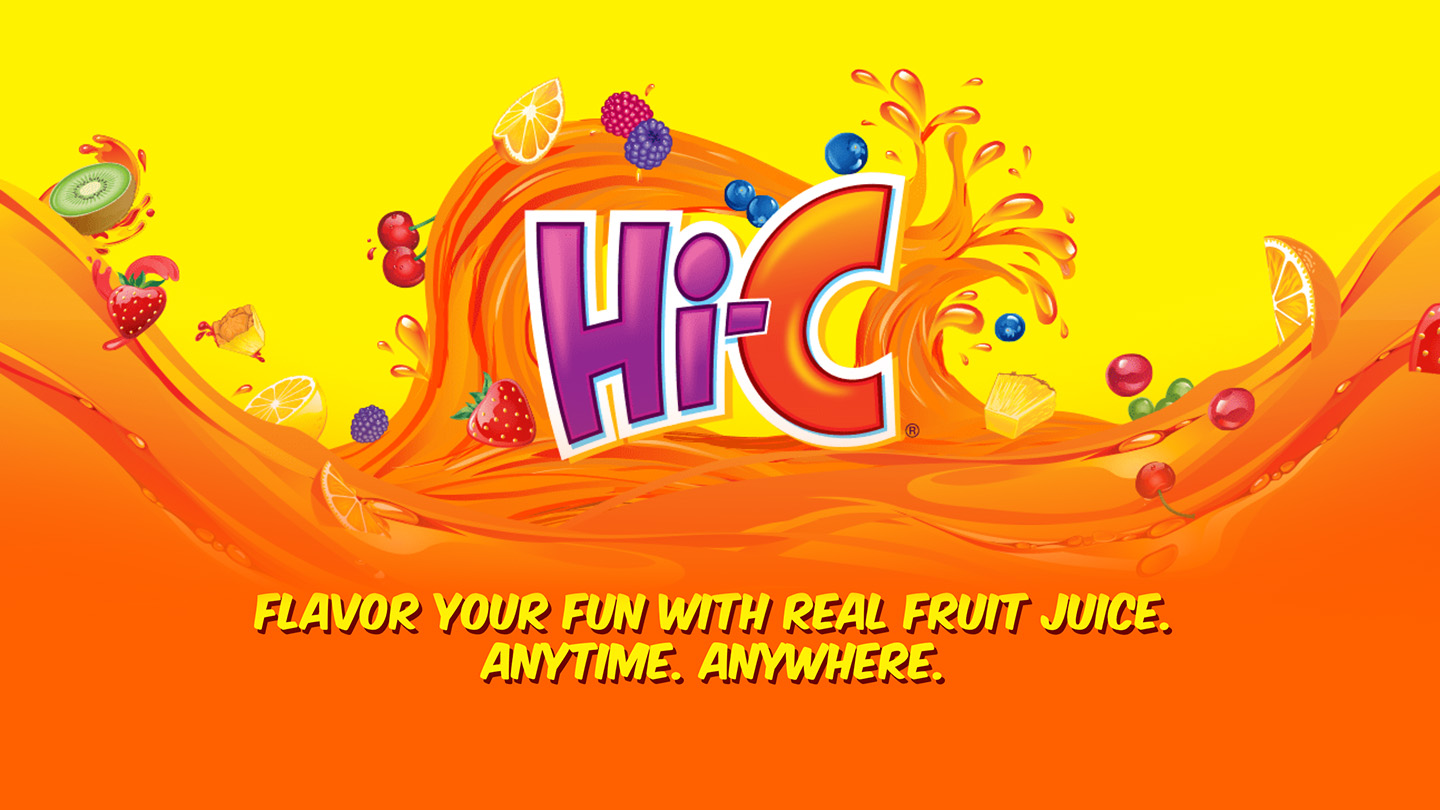 Hi-C logo on an illustrated background of an orange juice with various fruit on it