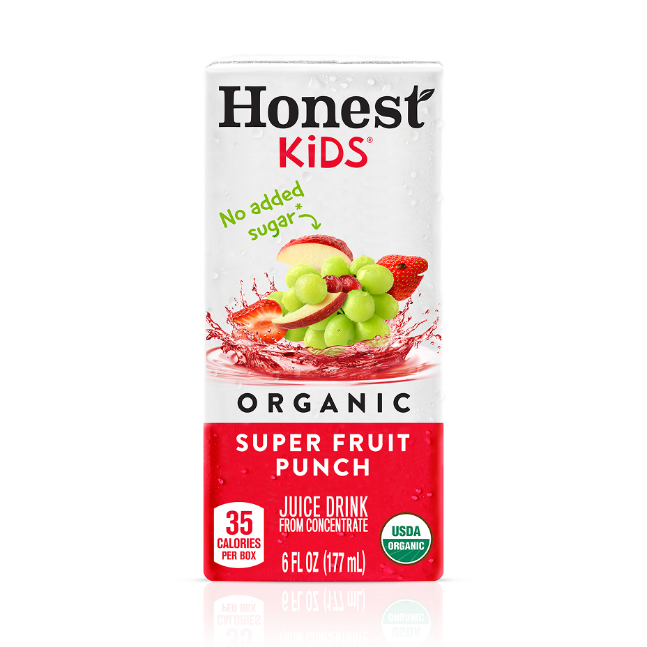 Honest Kids Organic Super Fruit Punch juice box, 6 fl oz, 35 calories per box.