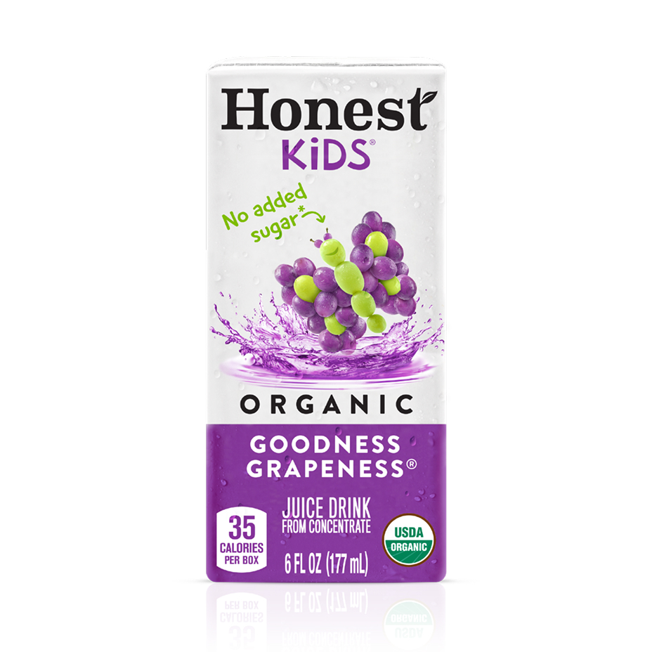 Honest Kids Organic Goodness Grapeness juice box, 6 fl oz, 35 calories per box.