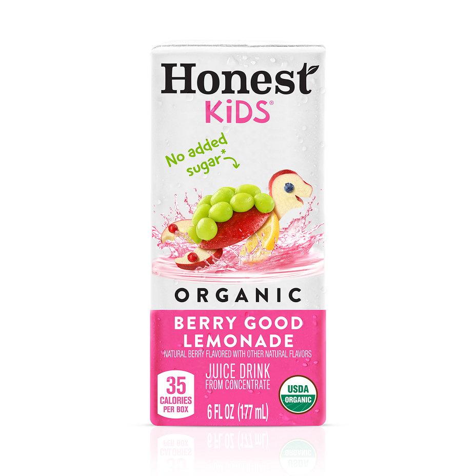 Honest Kids Organic Berry Good Lemonade juice box, 6 fl oz, 35 calories per box.
