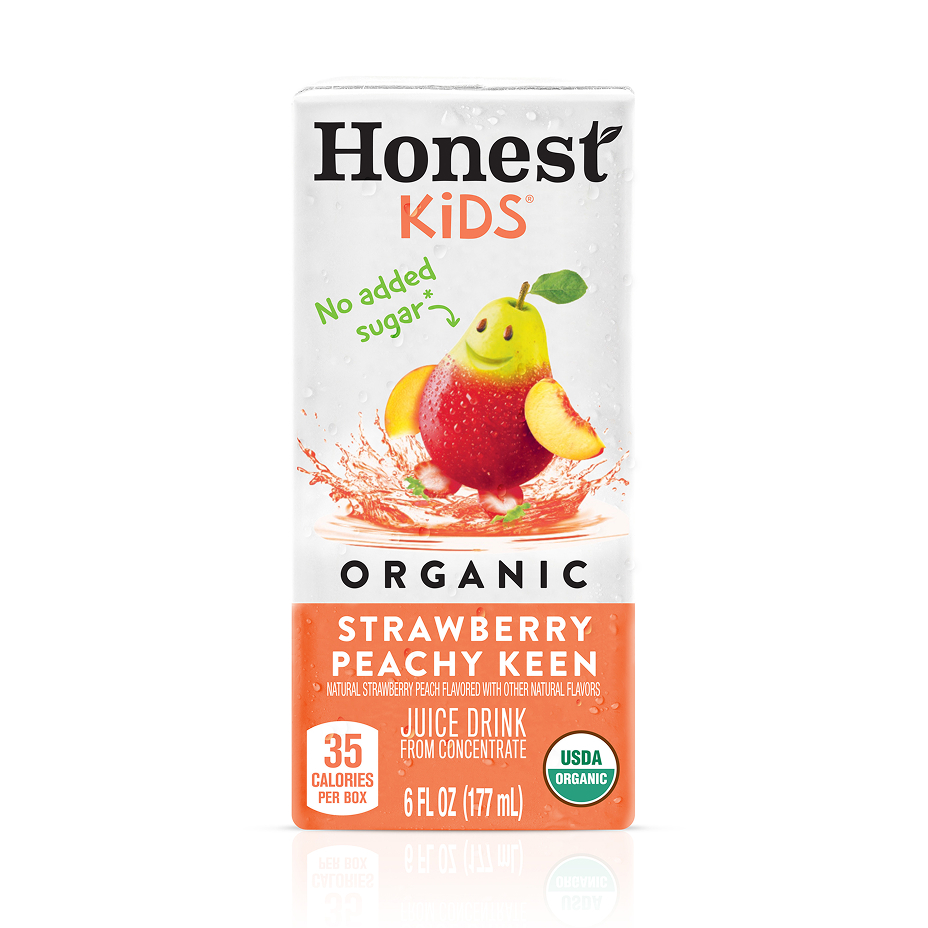 Honest Kids Organic Strawberry Peachy Keen juice box, 6 fl oz, 35 calories per box.
