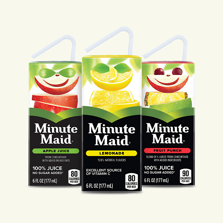 Three different Minute Maid For Kids juice boxes