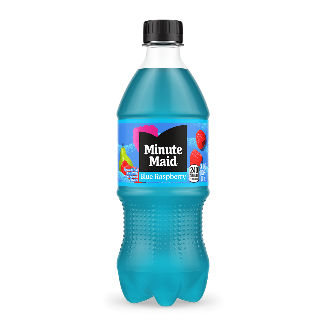 Minute Maid Blue Raspberry 20 fl oz bottle with a bright blue liquid and blue label featuring raspberries, 240 calories per bottle.